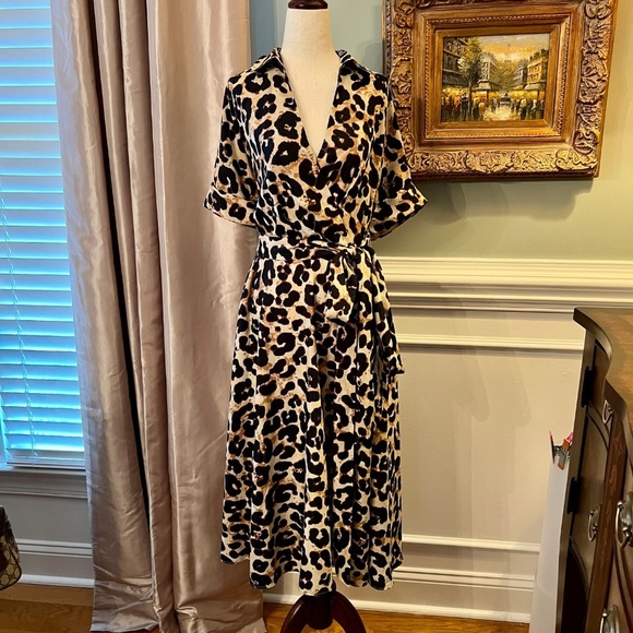 $138 NWT Eliza J. Leopard Cheetah Print Faux Wrap Midi Dress Size 10 - Picture 5 of 10
